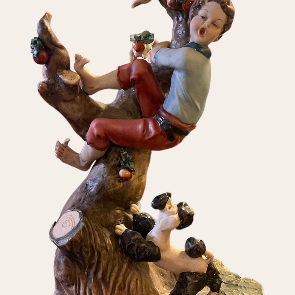 Capodimonte Boy On The Tree Chased By Dog, W. Cabrelli, Limited Edition